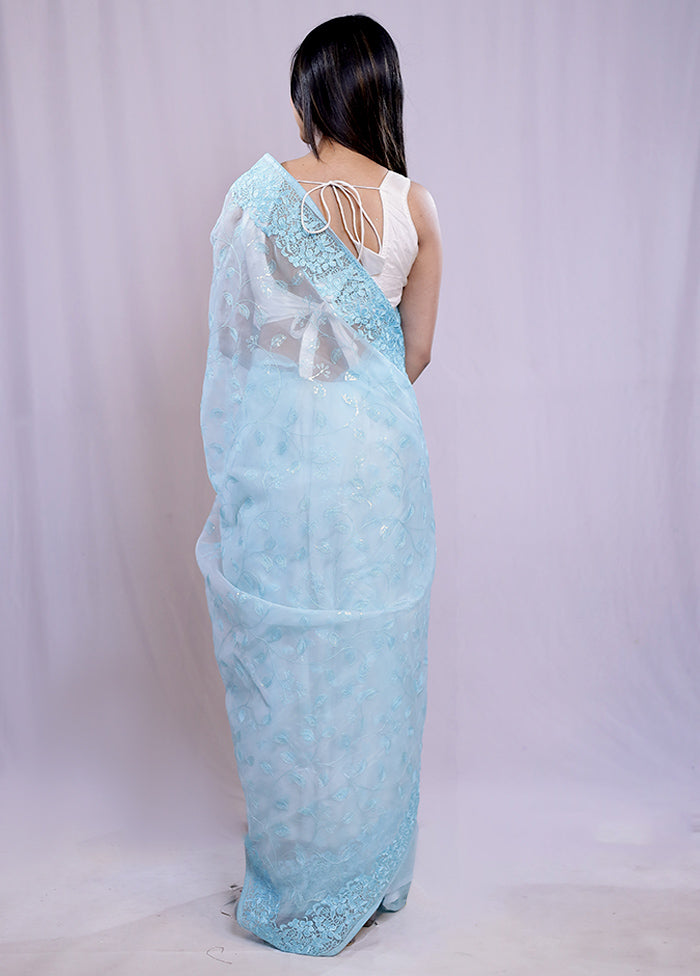 Blue Organza Saree With Blouse Piece - Indian Silk House Agencies