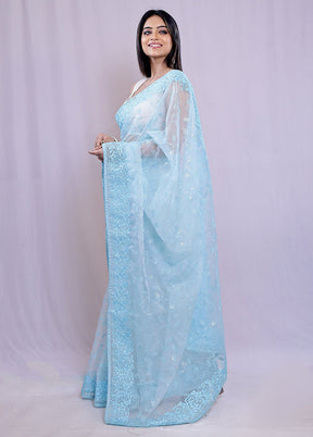 Blue Organza Saree With Blouse Piece - Indian Silk House Agencies