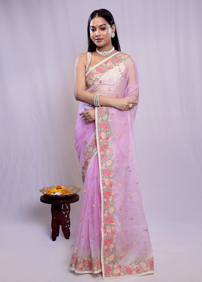 Purple Organza Saree With Blouse Piece - Indian Silk House Agencies