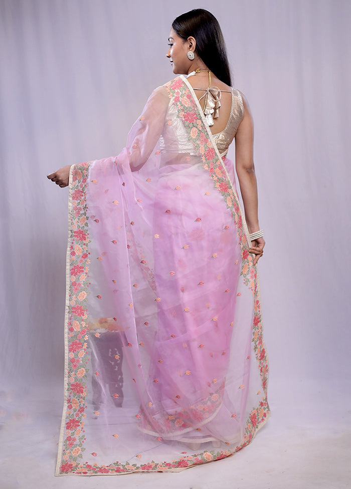 Purple Organza Saree With Blouse Piece - Indian Silk House Agencies