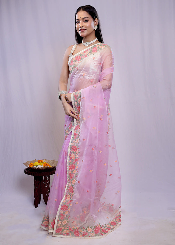 Purple Organza Saree With Blouse Piece - Indian Silk House Agencies