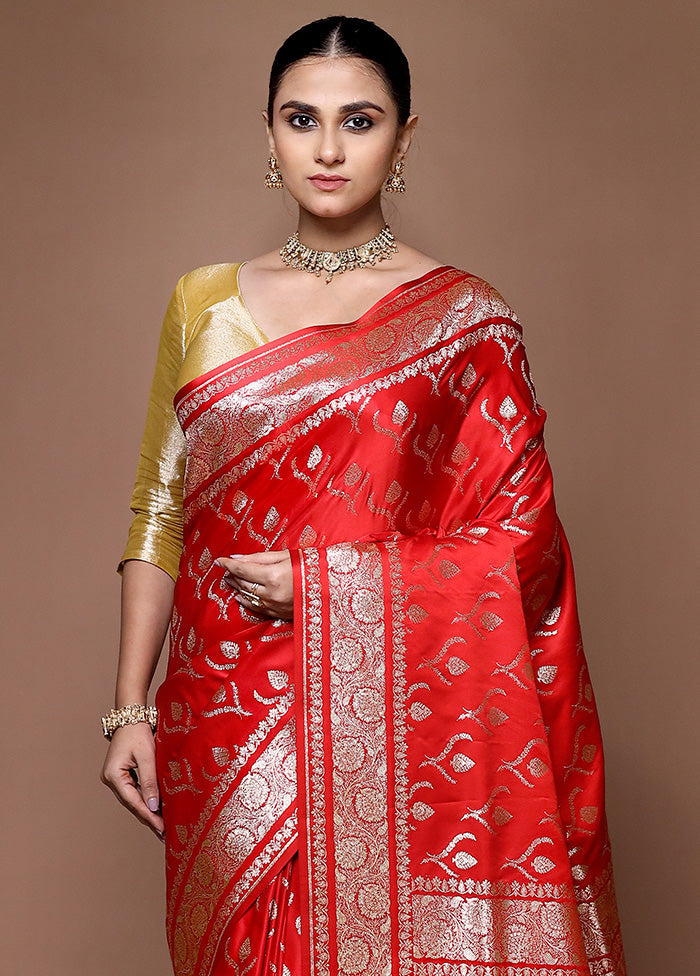 Red Banarasi Silk Saree With Blouse Piece