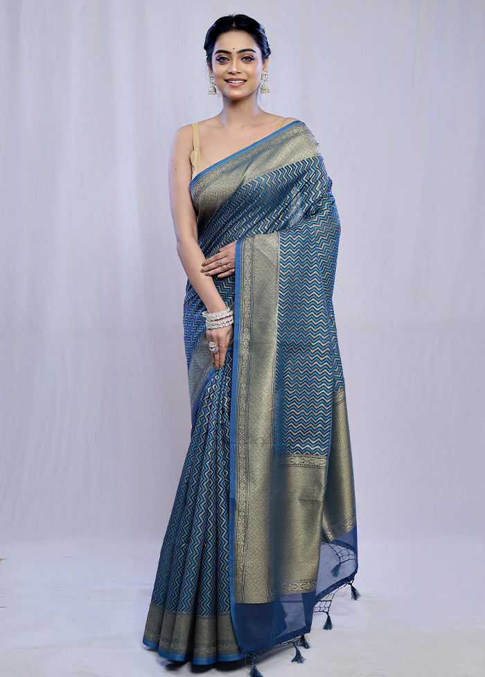 Blue Kora Silk Saree With Blouse Piece - Indian Silk House Agencies