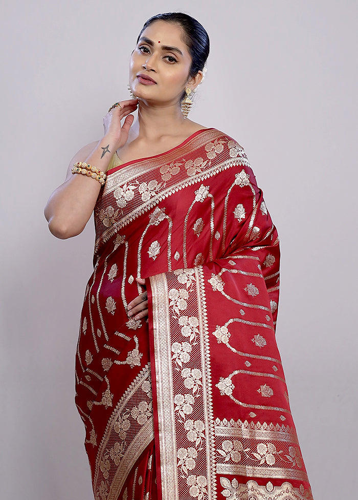 Maroon Banarasi Silk Saree With Blouse Piece - Indian Silk House Agencies