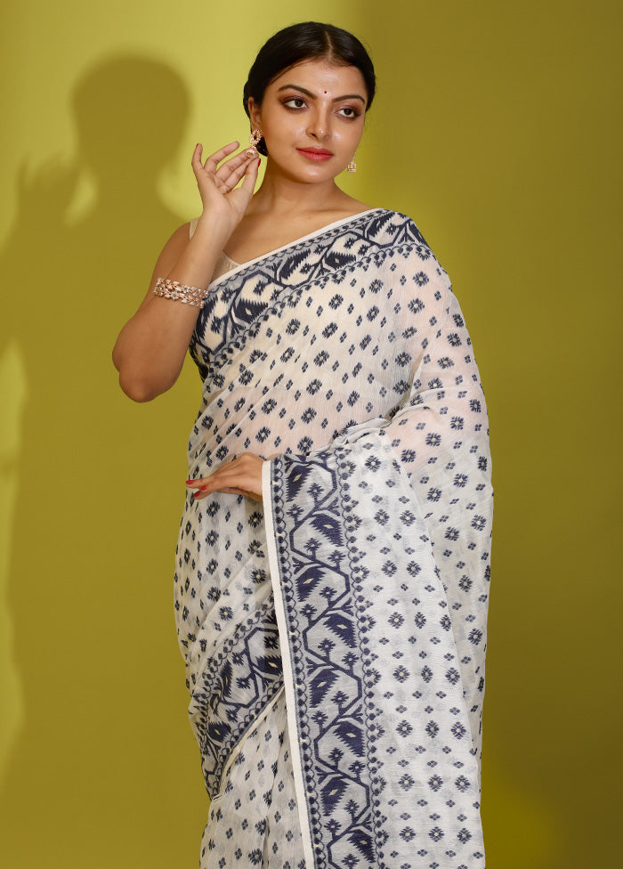 White Tant Cotton Saree Without Blouse Piece - Indian Silk House Agencies