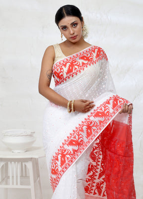 White Tant Cotton Saree Without Blouse Piece - Indian Silk House Agencies