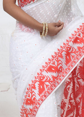 White Tant Cotton Saree Without Blouse Piece - Indian Silk House Agencies