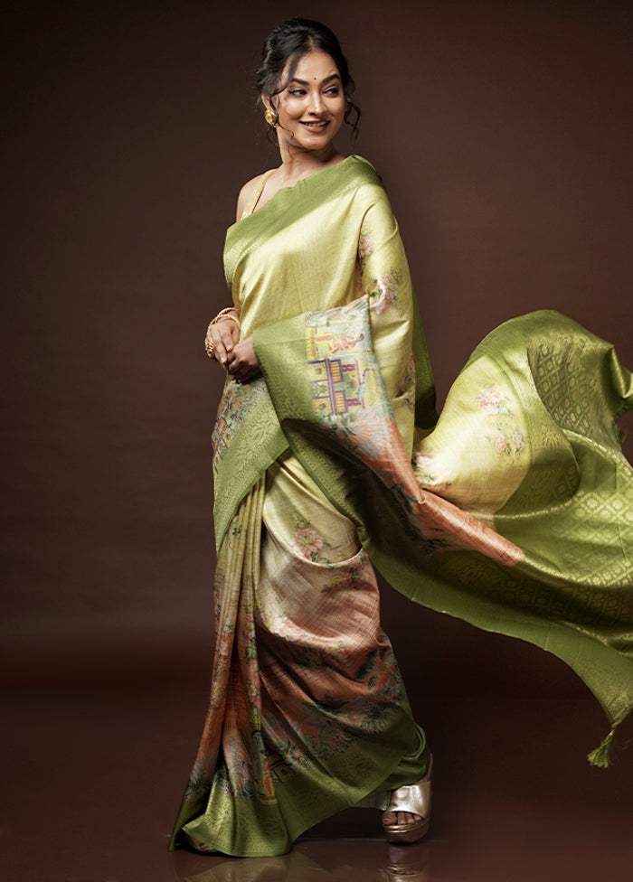 Green Dupion Silk Saree With Blouse Piece - Indian Silk House Agencies