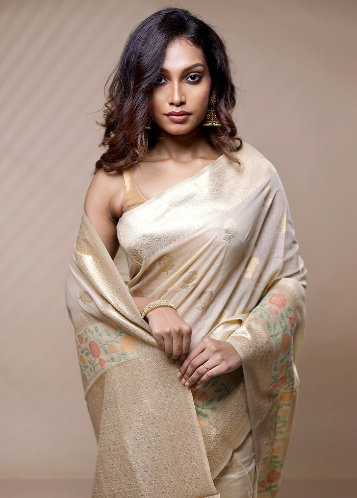 Cream Dupion Silk Saree Without Blouse Piece - Indian Silk House Agencies