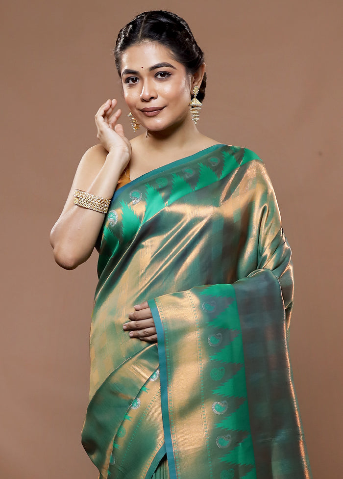 Green Dupion Silk Saree With Blouse Piece - Indian Silk House Agencies