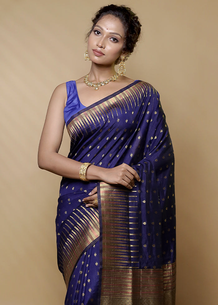 Blue Dupion Silk Saree With Blouse Piece