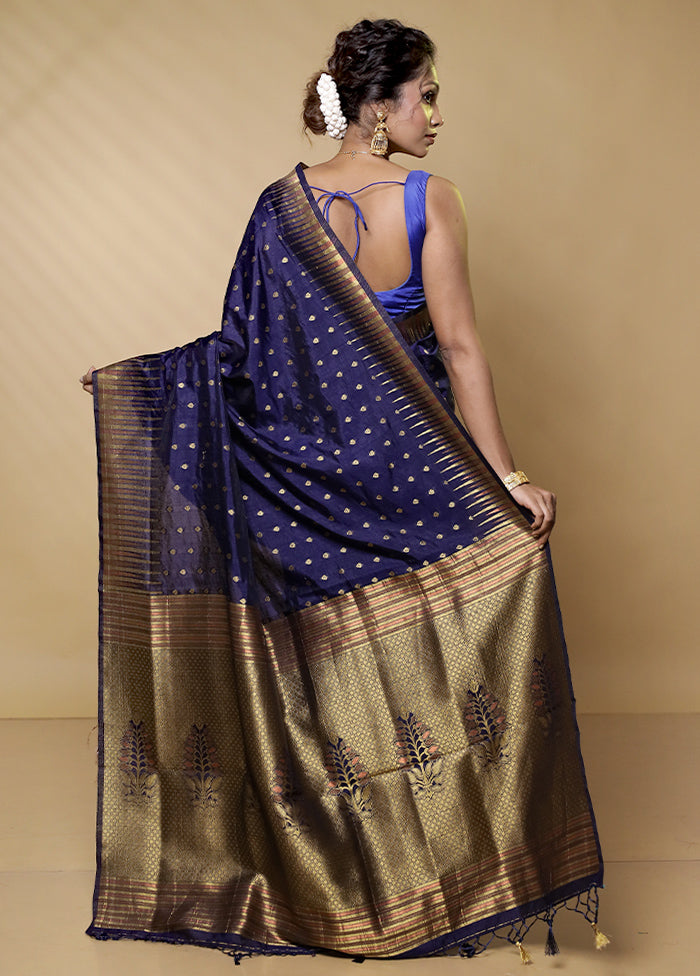 Blue Dupion Silk Saree With Blouse Piece