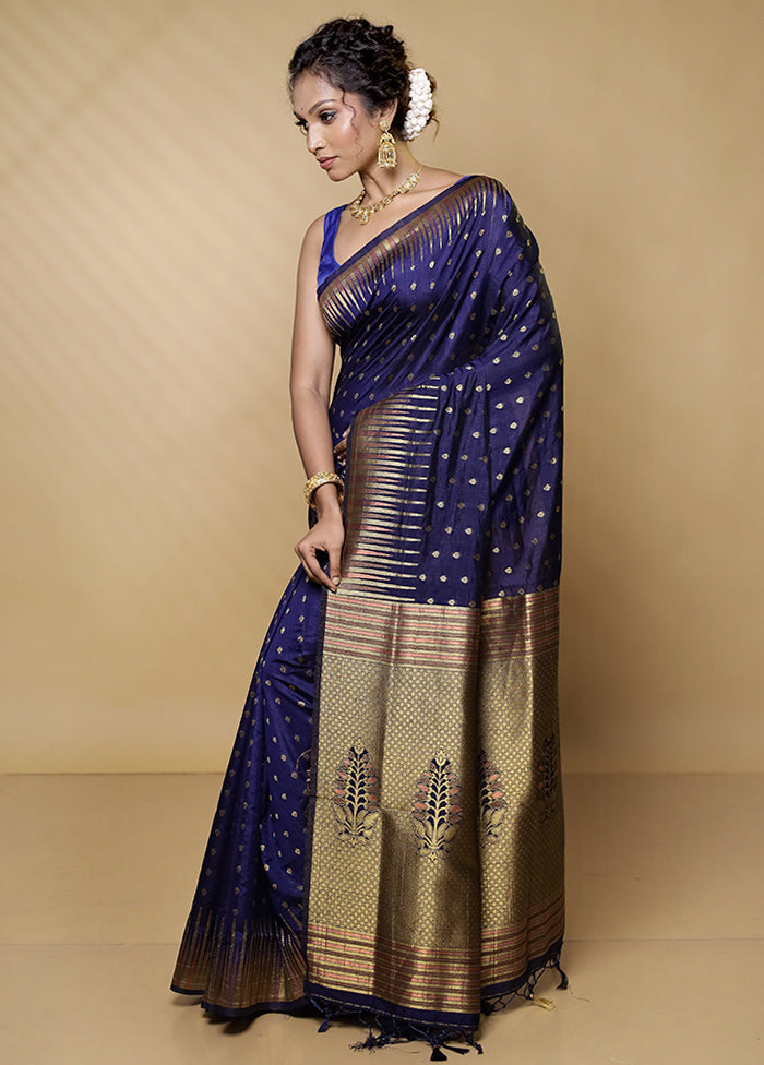 Blue Dupion Silk Saree With Blouse Piece