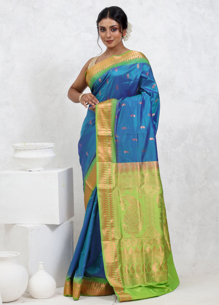 Blue Kanjivaram Pure Silk Saree With Blouse Piece