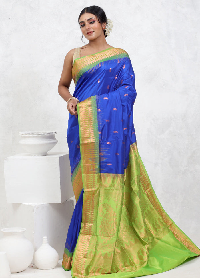 Blue Kanjivaram Pure Silk Saree With Blouse Piece