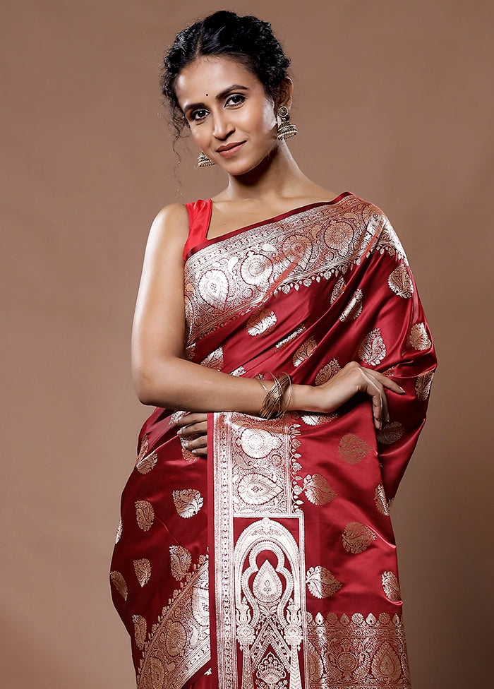 Maroon Banarasi Silk Saree With Blouse Piece - Indian Silk House Agencies