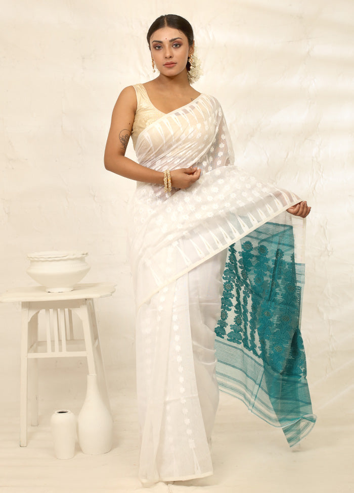 White Tant Cotton Saree Without Blouse Piece - Indian Silk House Agencies