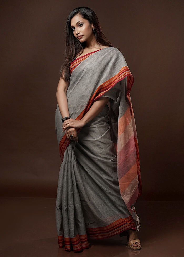 Grey Cotton Saree With Blouse Piece - Indian Silk House Agencies