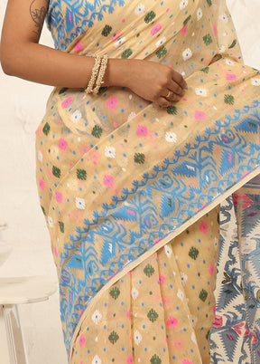 Cream Tant Cotton Saree Without Blouse Piece - Indian Silk House Agencies