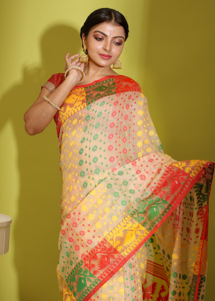 Cream Tant Cotton Saree Without Blouse Piece - Indian Silk House Agencies