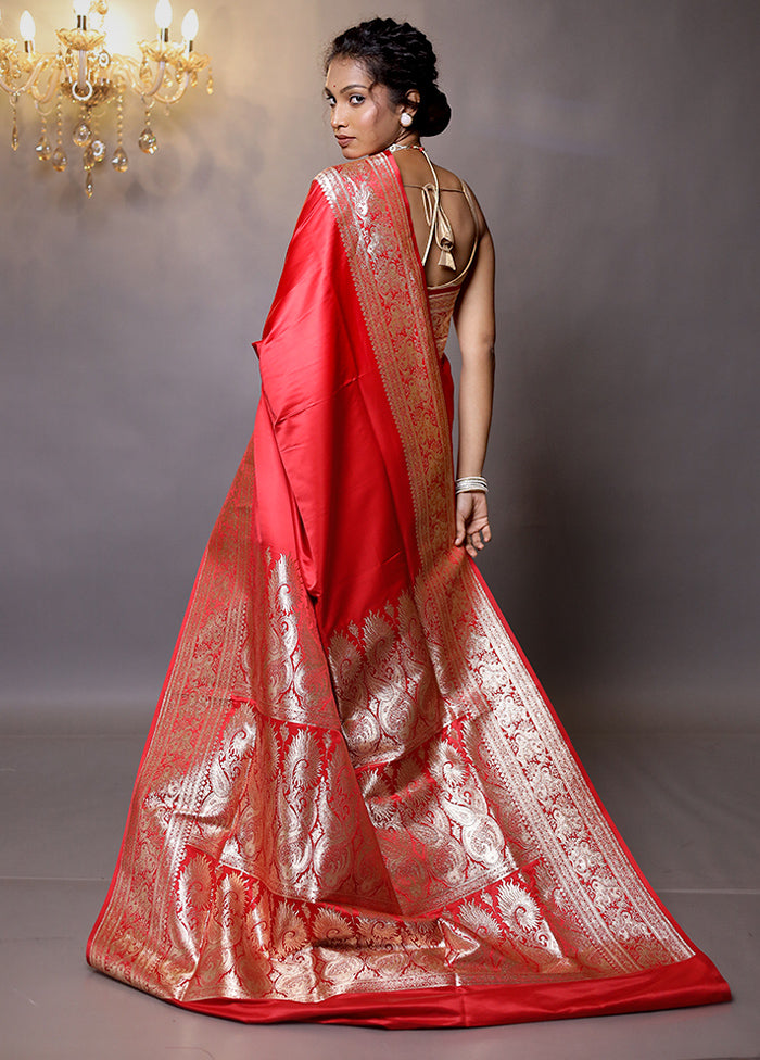 Red Banarasi Silk Saree With Blouse Piece