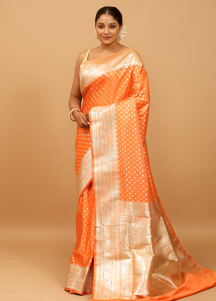 Orange Banarasi Silk Saree With Blouse Piece