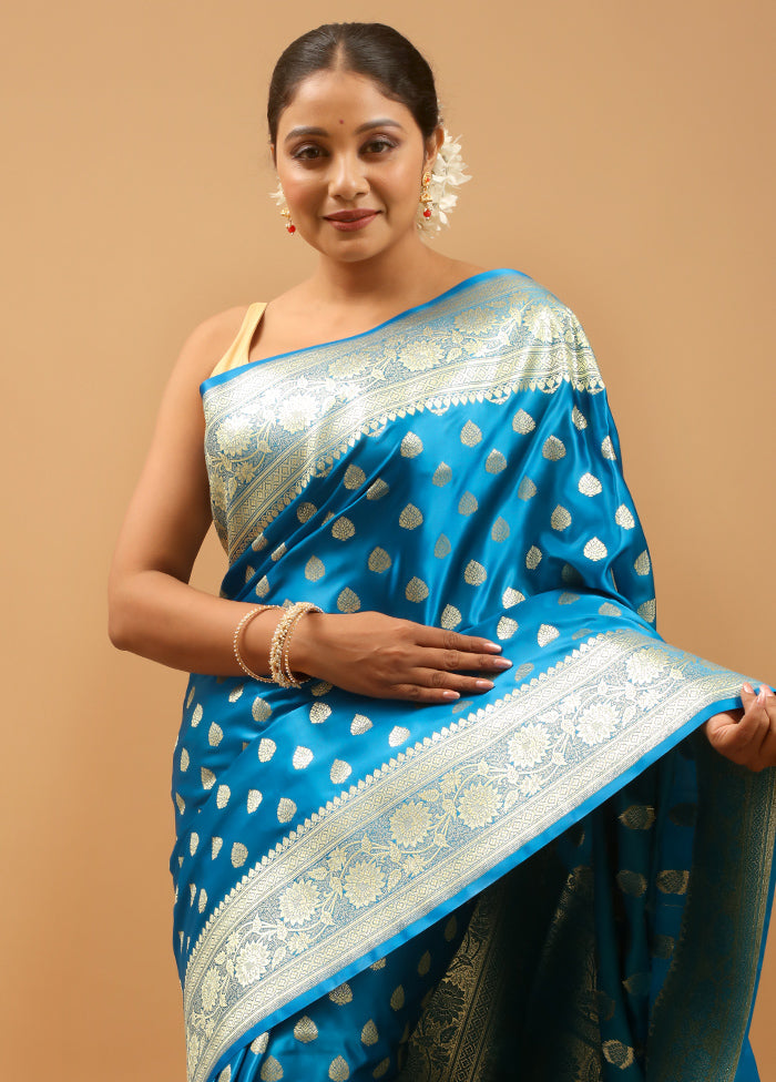 Blue Banarasi Silk Saree With Blouse Piece