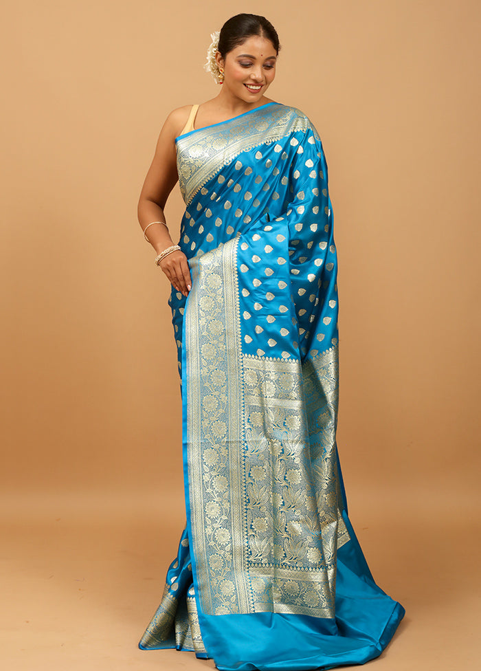 Blue Banarasi Silk Saree With Blouse Piece