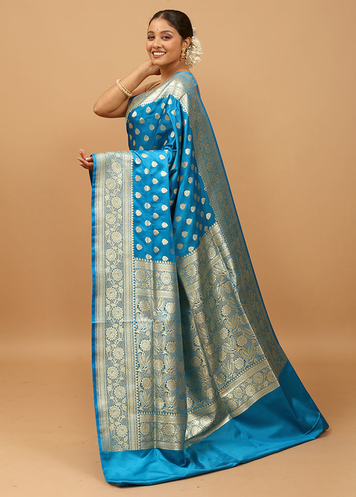 Blue Banarasi Silk Saree With Blouse Piece