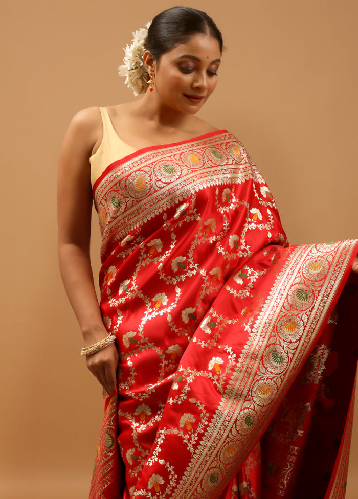 Red Banarasi Silk Saree With Blouse Piece