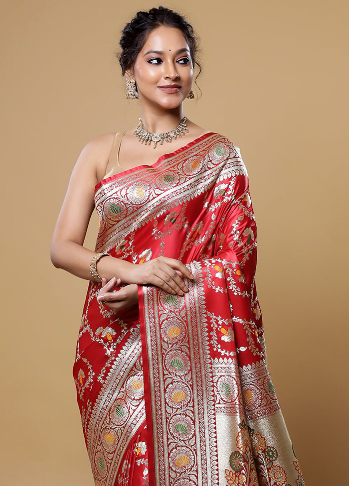 Red Banarasi Silk Saree With Blouse Piece