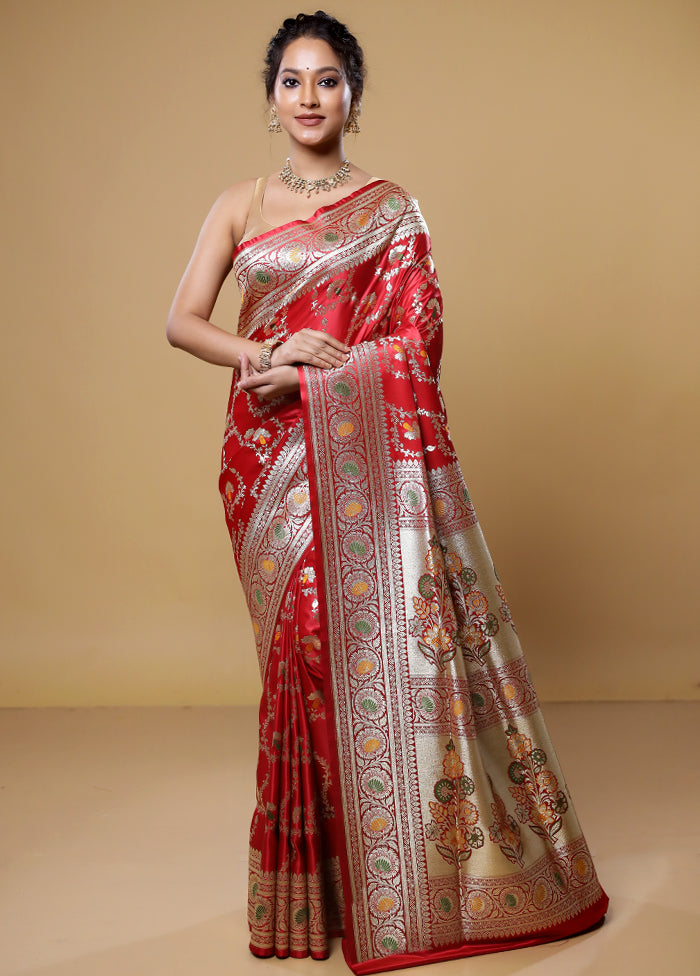 Red Banarasi Silk Saree With Blouse Piece