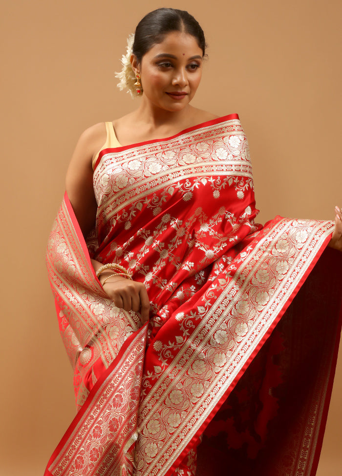 Red Banarasi Silk Saree With Blouse Piece