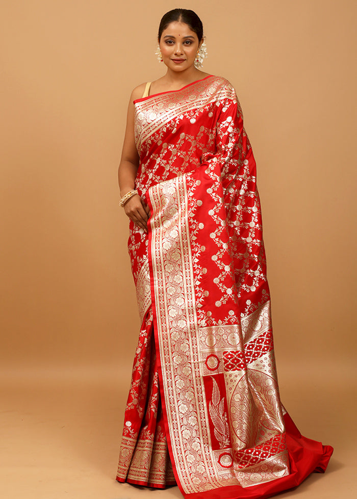 Red Banarasi Silk Saree With Blouse Piece