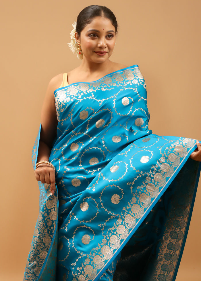 Blue Banarasi Silk Saree With Blouse Piece