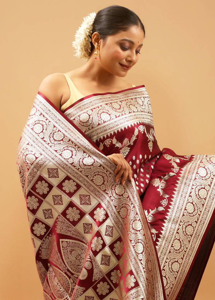 Maroon Banarasi Silk Saree With Blouse Piece