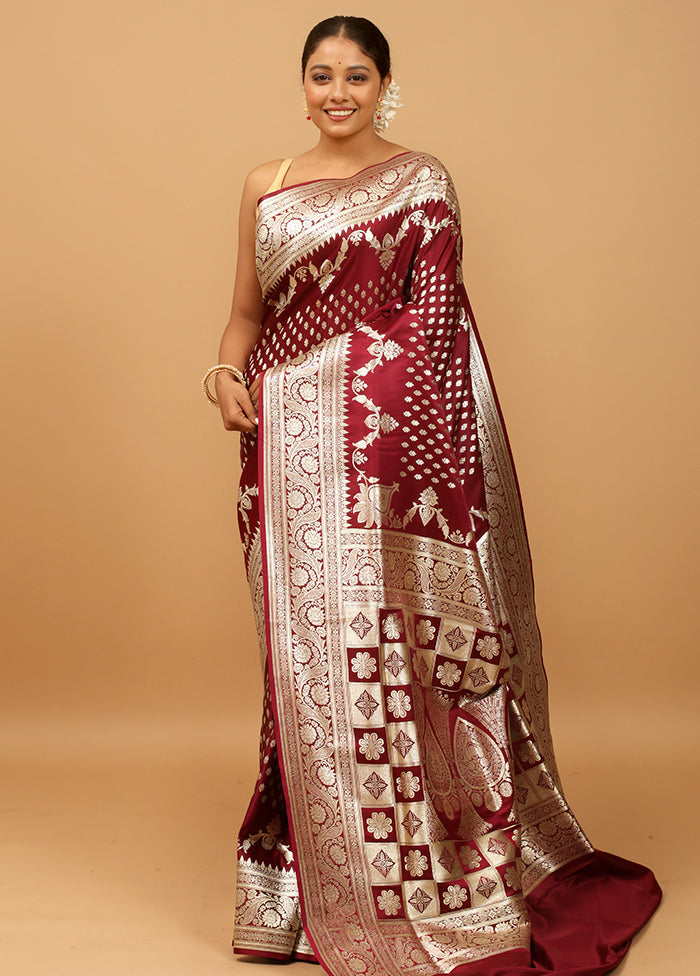 Maroon Banarasi Silk Saree With Blouse Piece