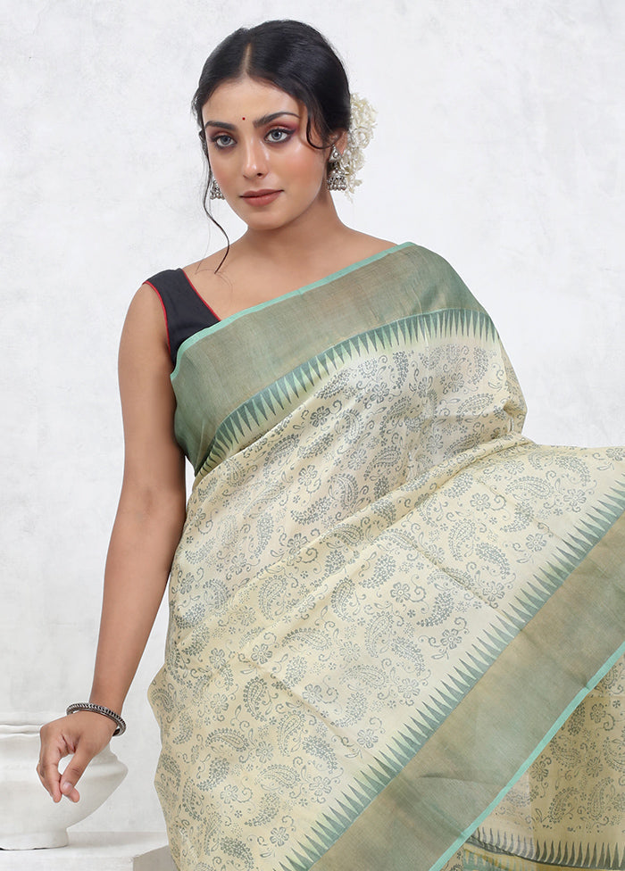 Cream Printed Pure Silk Saree Without Blouse Piece