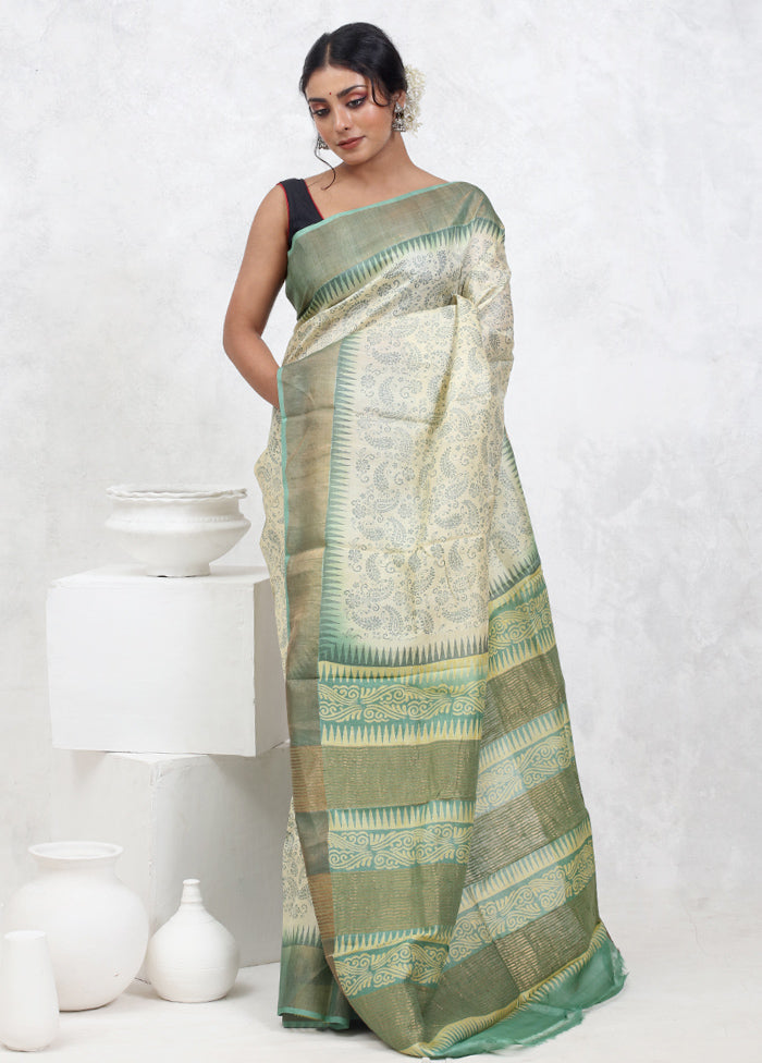 Cream Printed Pure Silk Saree Without Blouse Piece