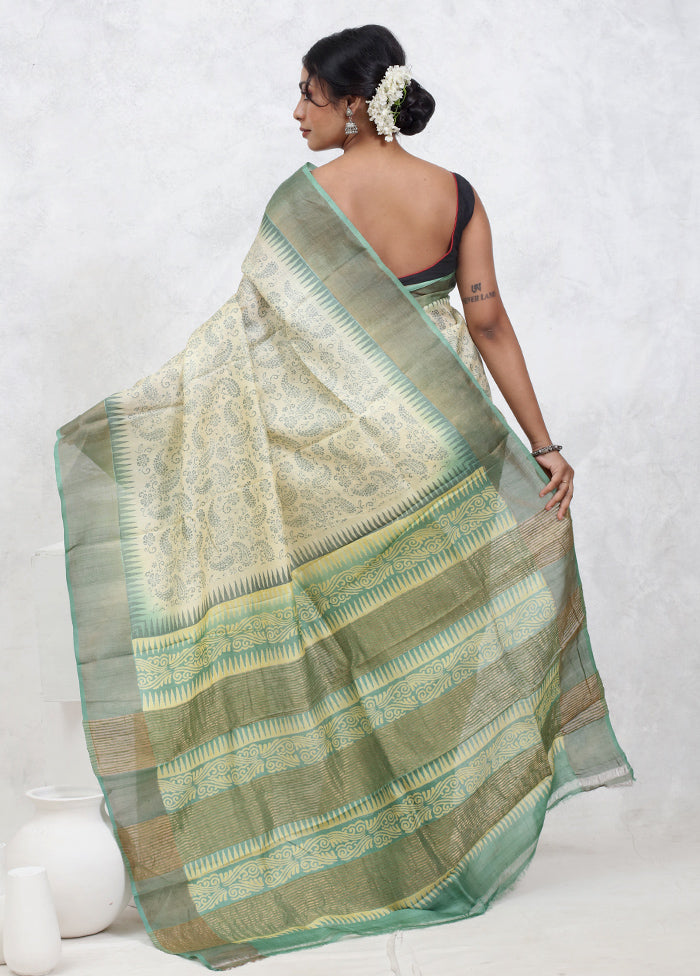 Cream Printed Pure Silk Saree Without Blouse Piece