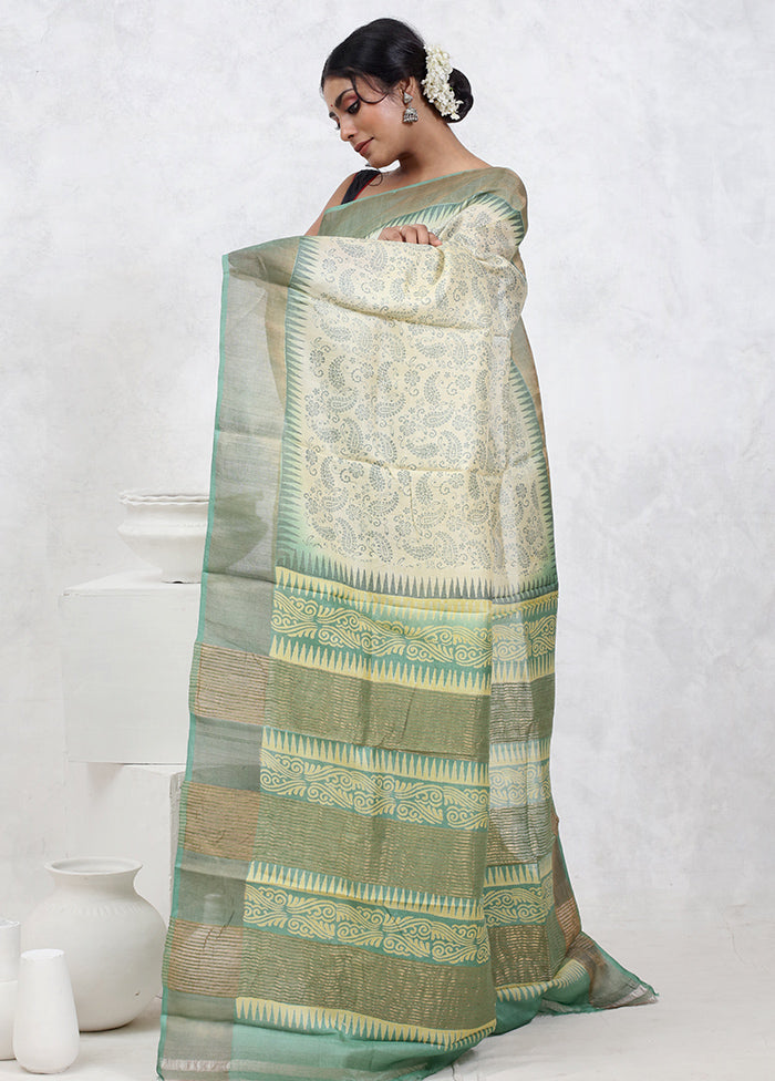 Cream Printed Pure Silk Saree Without Blouse Piece