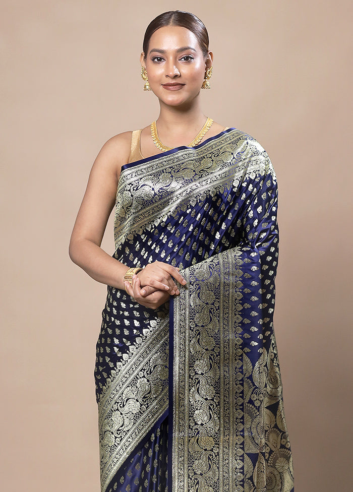 Blue Banarasi Silk Saree With Blouse Piece