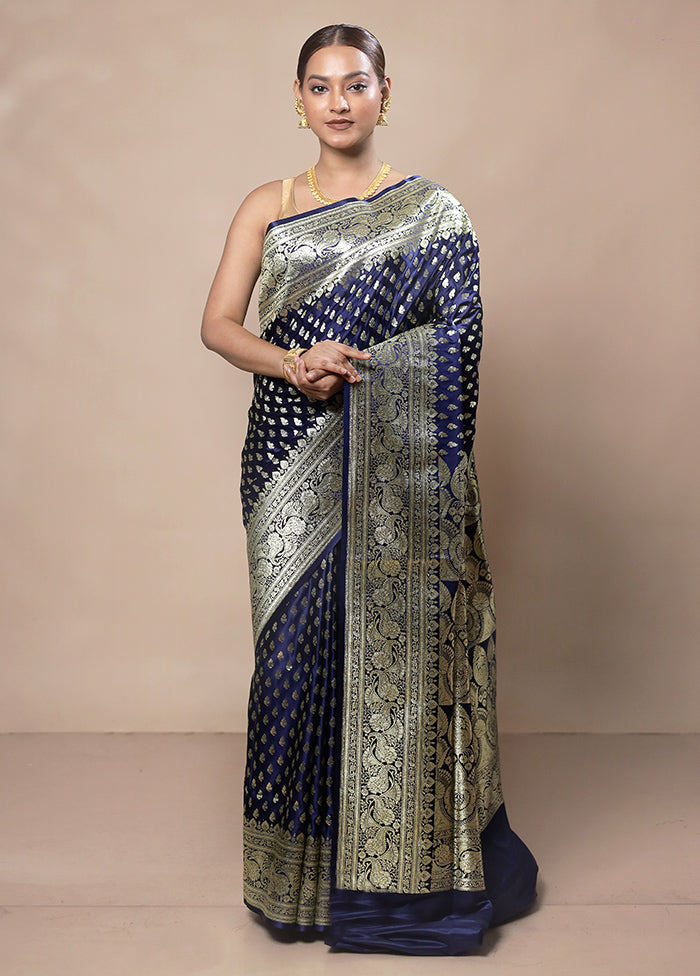 Blue Banarasi Silk Saree With Blouse Piece