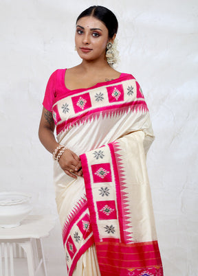 Cream Ikkat Pure Silk Saree With Blouse Piece - Indian Silk House Agencies