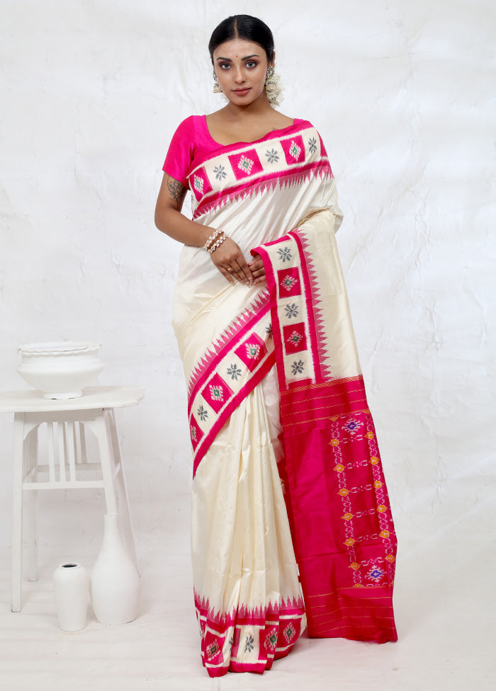 Cream Ikkat Pure Silk Saree With Blouse Piece - Indian Silk House Agencies