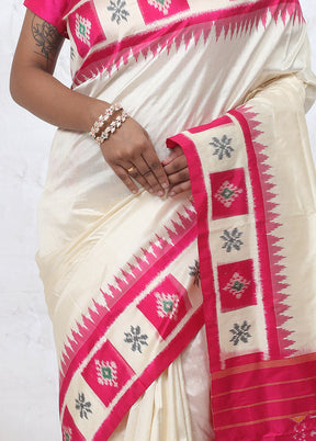 Cream Ikkat Pure Silk Saree With Blouse Piece - Indian Silk House Agencies