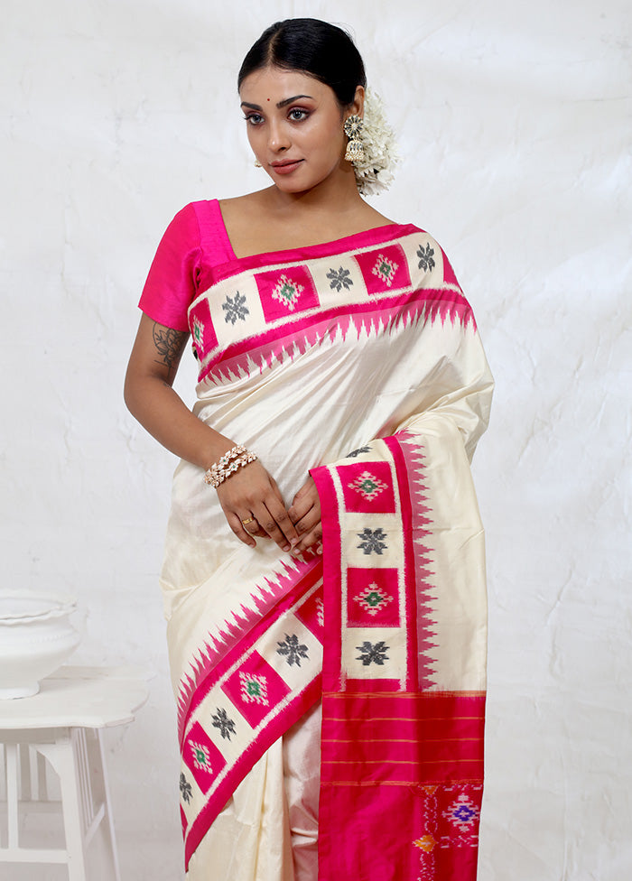 Cream Ikkat Pure Silk Saree With Blouse Piece - Indian Silk House Agencies