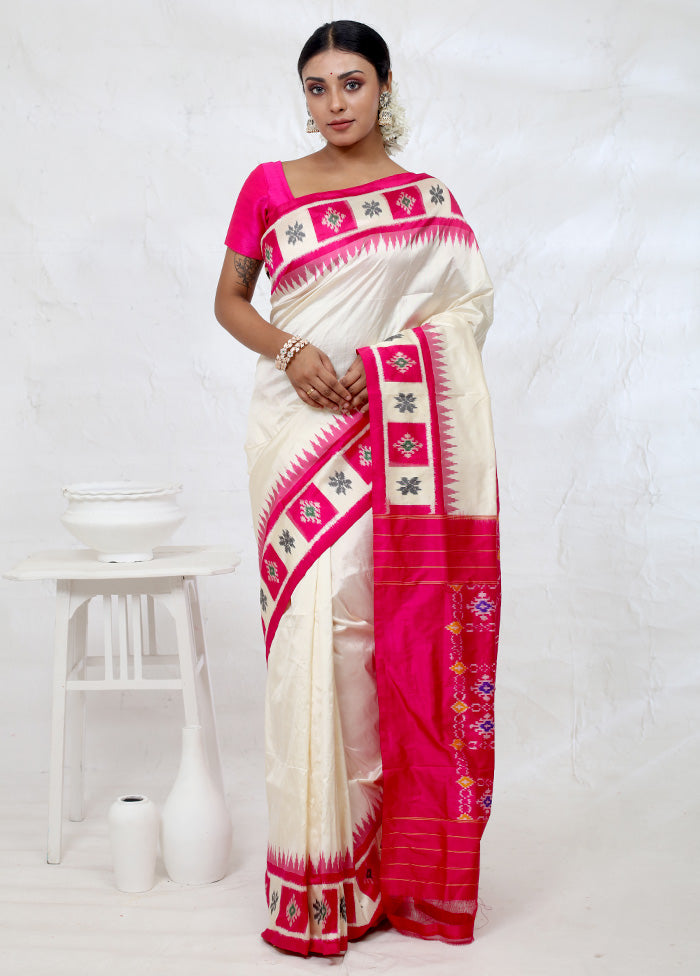 Cream Ikkat Pure Silk Saree With Blouse Piece - Indian Silk House Agencies