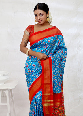 Blue Pure Patola Silk Saree With Blouse Piece - Indian Silk House Agencies