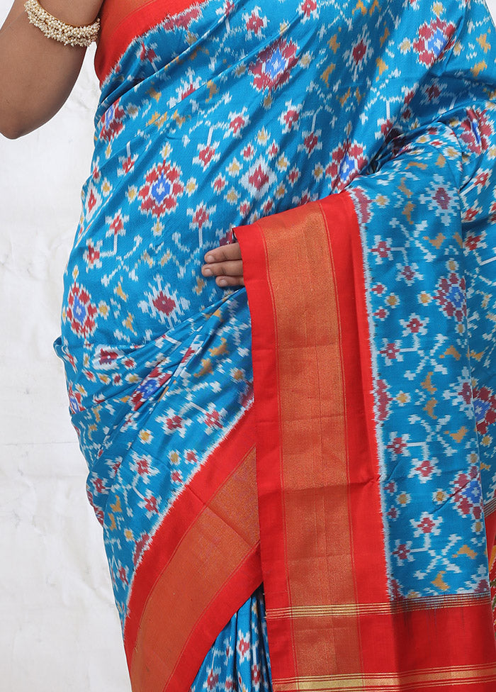 Blue Pure Patola Silk Saree With Blouse Piece - Indian Silk House Agencies